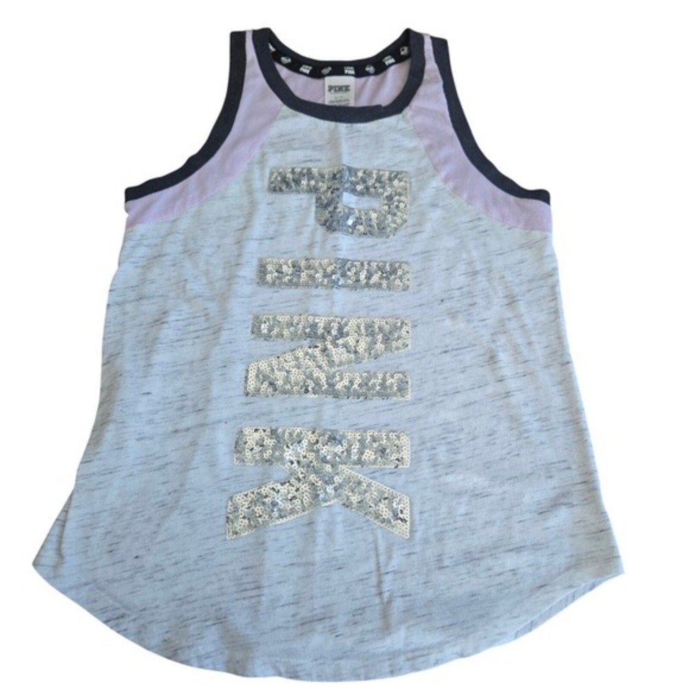 PINK Victoria's‎ Secret Grey Marled Sequin Logo Racerback Tank Top Small 349044